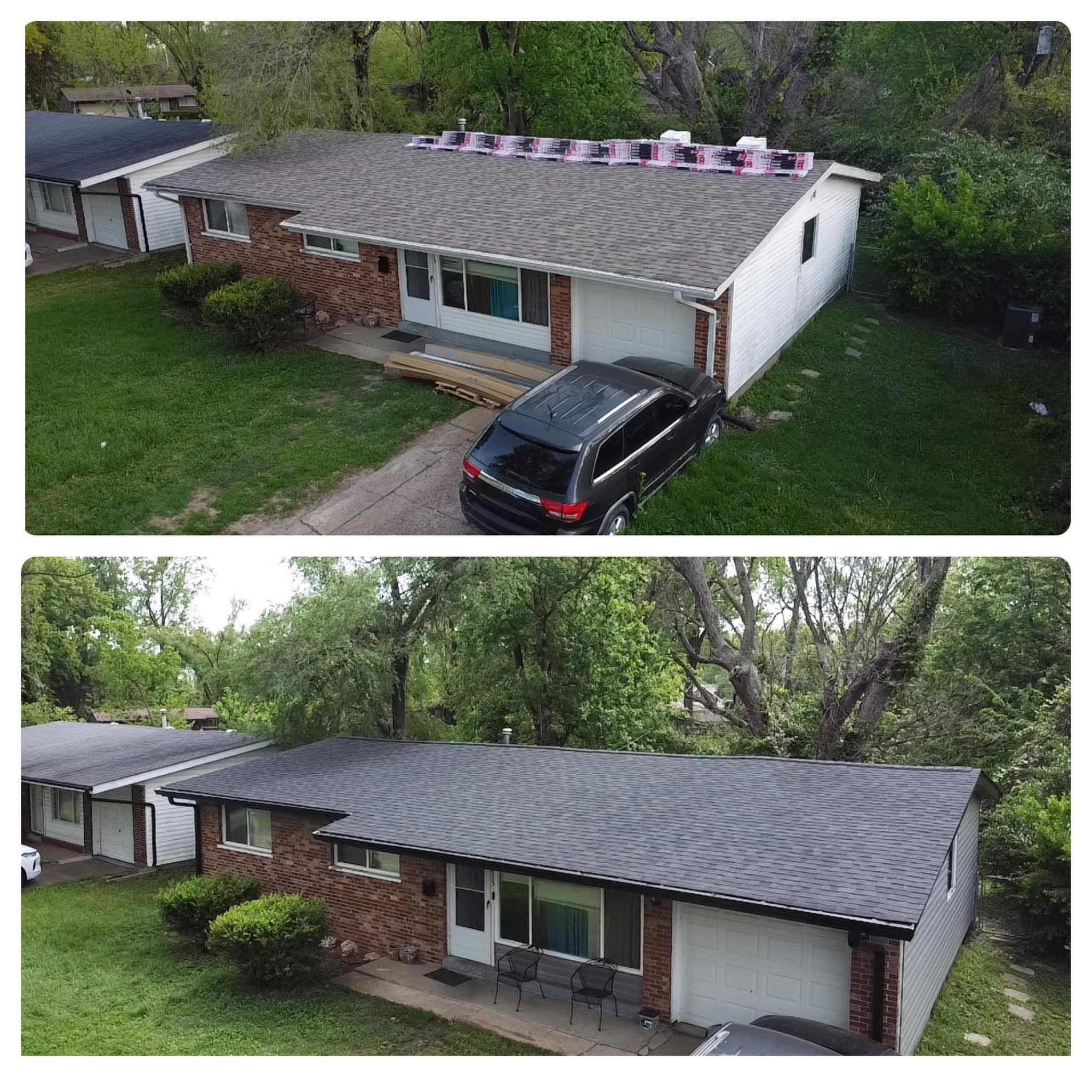 Before after brick ranch roof upgrade project in St. Peters MO