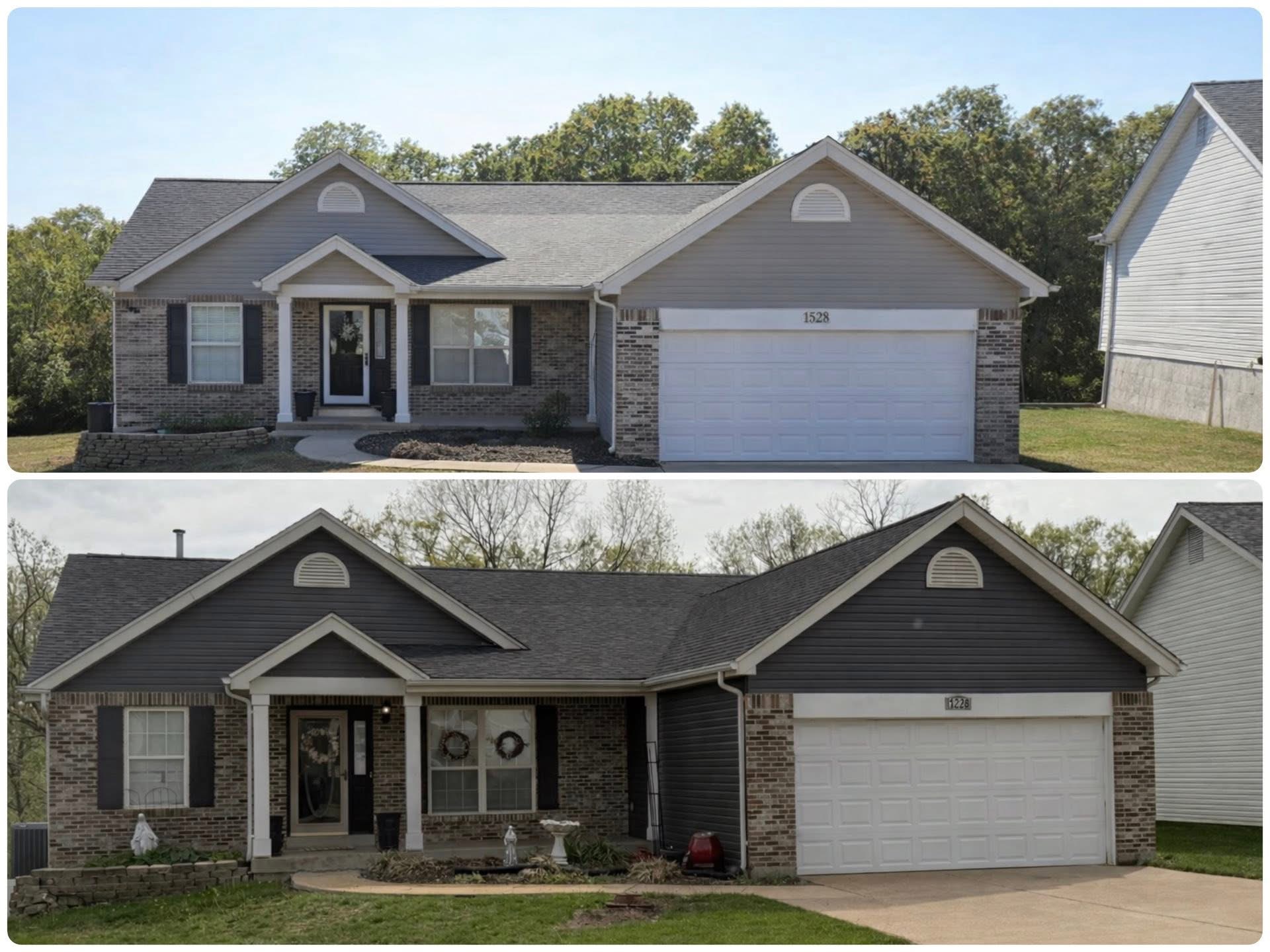 Before after ranch house grey siding replacement in Eureka MO