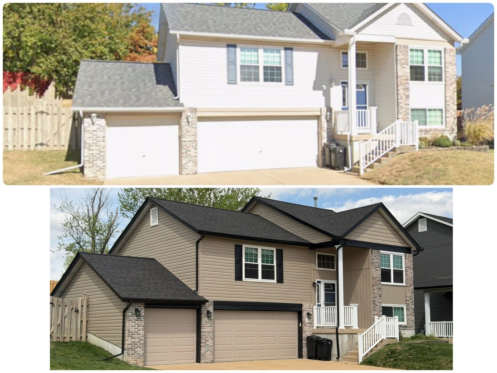 Before after tan siding with custom trim in Wildwood MO